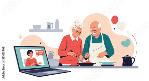 Senior man and woman in a kitchen cooking a meal together while watching a video call or tutorial on a laptop computer screen.