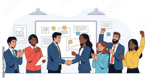 Professional business team members clapping and celebrating a successful project completion or partnership in a modern office.
