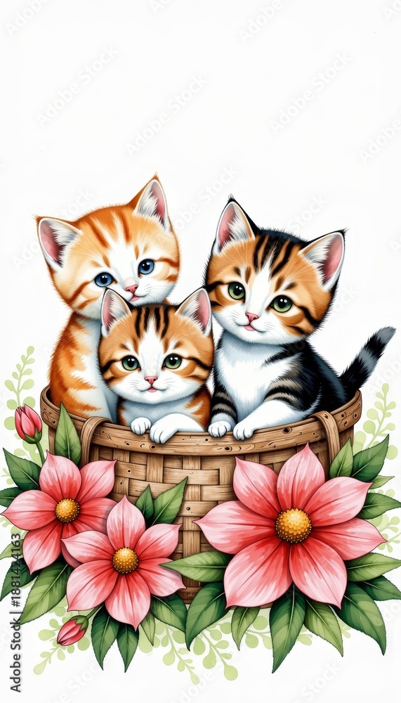 Obraz premium Adorable Trio of Kittens Resting in a Wicker Basket Surrounded by Bright Pink Blooms and Lush Greenery Against a Clean White Background