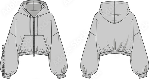 Cropped hooded sweatshirt CAD drawing flat vector illustration with front and back views technical womens apparel design fashion template