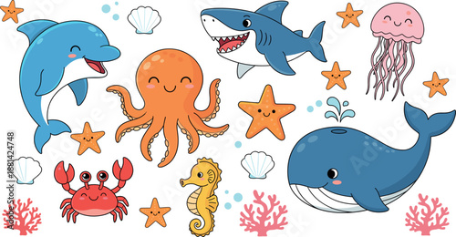 SEO Friendly Title Cute ocean animals vector collection featuring happy shark whale dolphin octopus crab seahorse and jellyfish for kids nursery wall art and underwater themed party invitations.