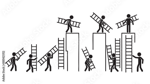 Silhouettes of people climbing ladders in progressive success stages