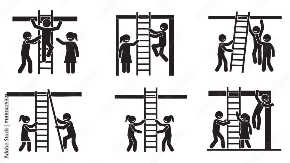 Obraz premium Teamwork and collaboration illustrated with people climbing and helping on ladders