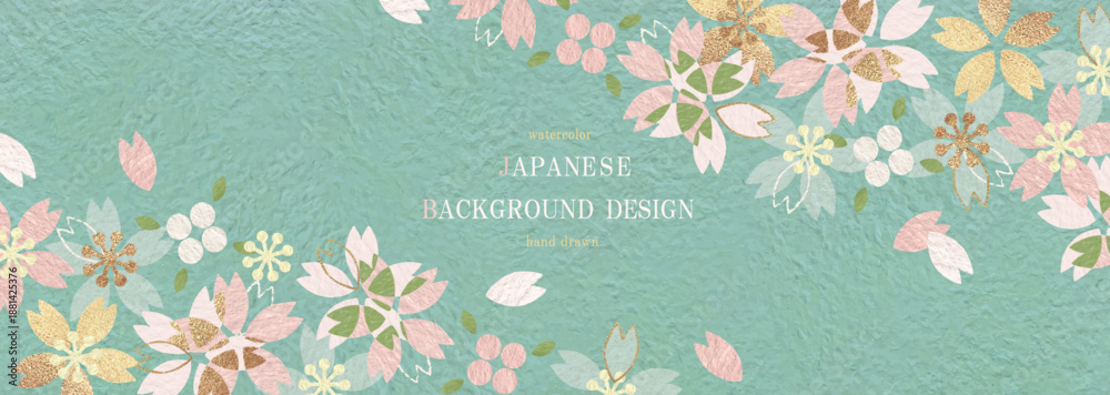 Obraz premium 和風の桜背景デザイン。青緑の和紙テクスチャと金箔の桜。春の華やかな背景素材（ベクター・イラスト）