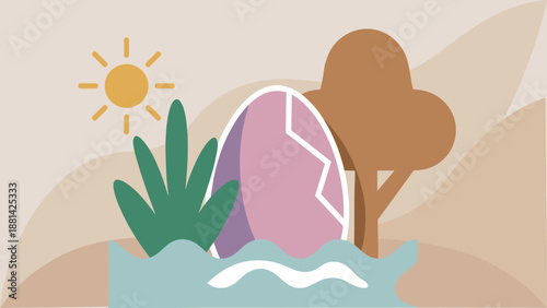 Dinosaur Egg Hatching in a Stylized Landscape with Sun, Water, and Tree