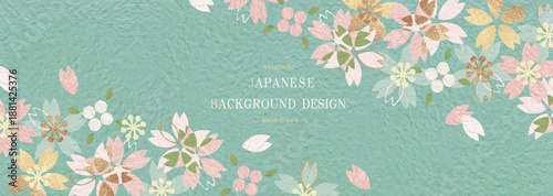 和風の桜背景デザイン。青緑の和紙テクスチャと金箔の桜。春の華やかな背景素材（ベクター・イラスト）