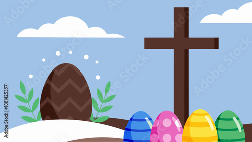 Easter Holiday Landscape with Cross and Colorful Eggs