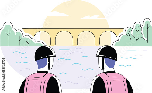 Two riders approaching ancient bridge