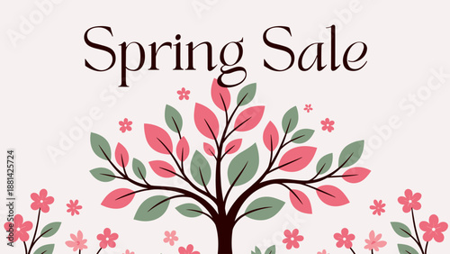 Elegant Spring Sale Promotion Banner with Blossoming Tree and Flowers