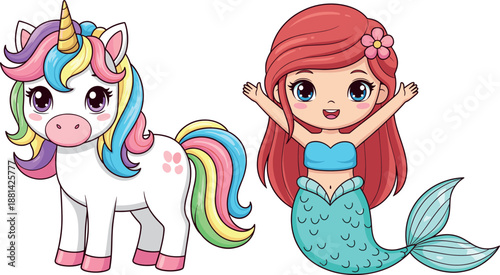 Cute magical unicorn with rainbow mane and happy red haired mermaid princess vector illustration for kids nursery decor and birthday party invitations.