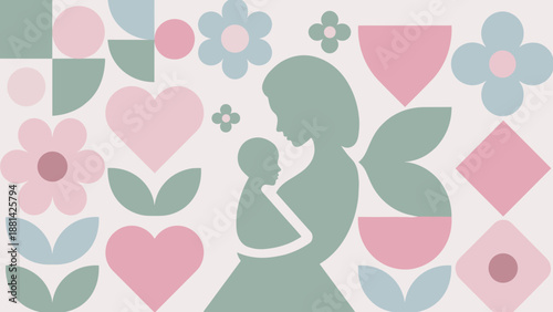 Pastel Mother and Baby Silhouette with Abstract Geometric and Floral Elements