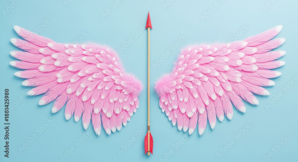 Fototapeta premium Cupid's Arrow and Pink Angel Wings on Blue Background: A symbol of love and romance for Valentine's Day. Vector illustration, ideal for greeting cards, marketing, and web design. Love and freedom