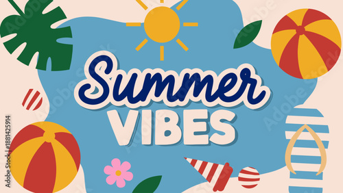 Vibrant Summer Vibes Illustration with Fun Beach Holiday Elements