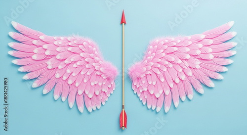 Cupid's Arrow and Pink Angel Wings on Blue Background: A symbol of love and romance for Valentine's Day. Vector illustration, ideal for greeting cards, marketing, and web design. Love and freedom