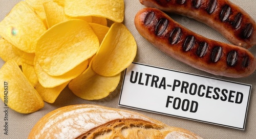 Close up of ultra processed food featuring chips, grilled sausage, and a bread bun with a warning label.