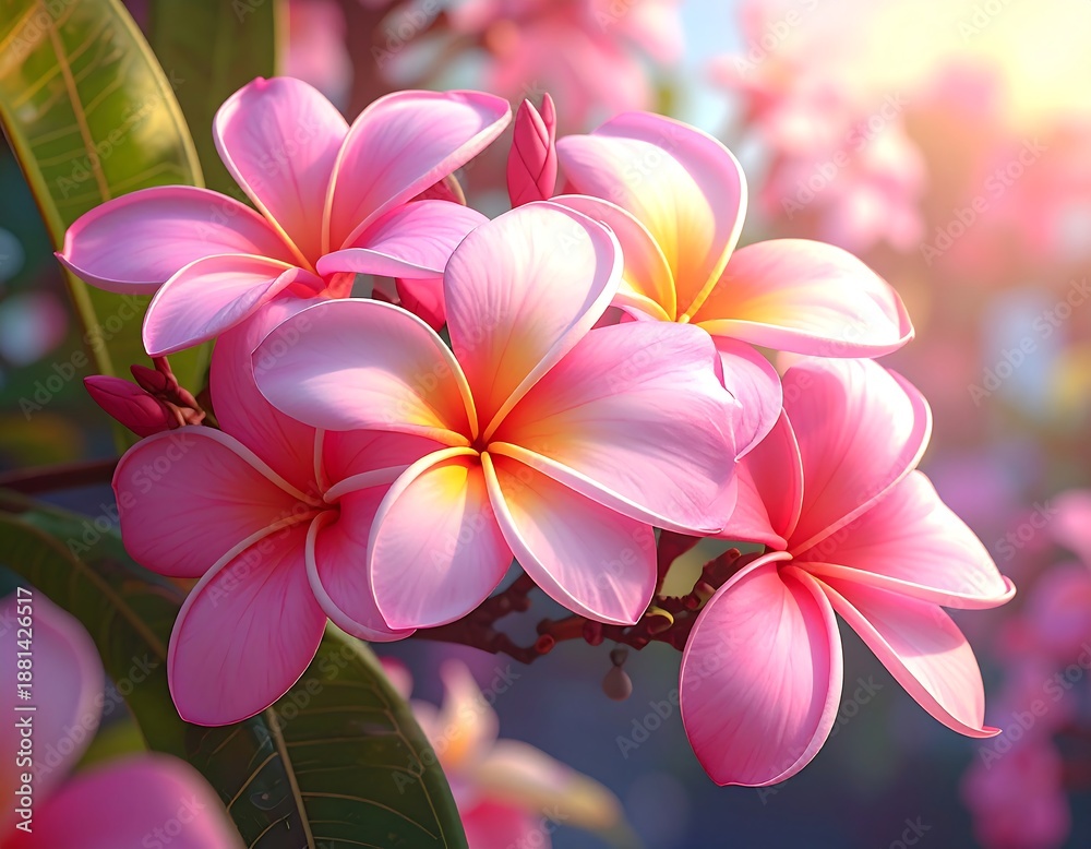 Fototapeta premium A close-up of a cluster of vibrant pink flowers with yellow centers and green leaves