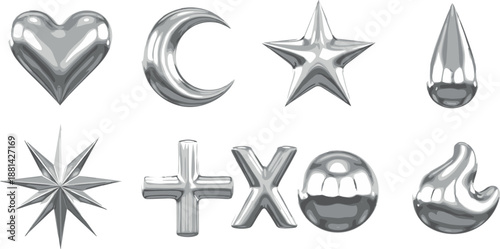 Abstract 3D chrome metallic shapes set with glossy silver liquid metal elements in futuristic Y2K retro cyberpunk style.