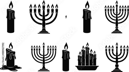 Candle and menorah silhouettes set, Jewish Hanukkah symbols, burning candles, black vector illustration collection for religious design, worship, holiday decoration, spiritual themes