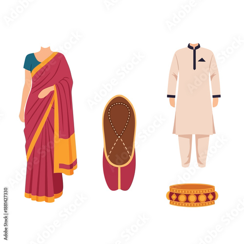 Traditional Indian clothing and accessories for men and women, including a saree, kurta pajama, juttis, and a bangle.