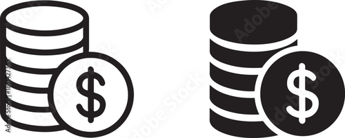 Silhouette money coin stack dollar icon set in outline and bold style for finance design.
