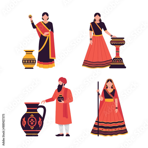 Illustrations of Indian people in traditional attire with pottery and cultural items, depicting various regional styles.