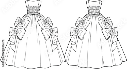 Elegant girls party dress vector illustration, bow decorated princess gown, fashion outline sketch, black and white clothing design, kids formal wear