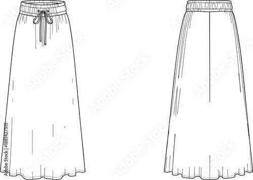 Front and back technical sketch of long skirt with elastic waistband, drawstring tie, flared hemline, and center back seam