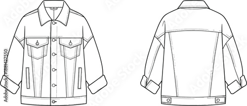 Front and back technical fashion sketch of classic denim jacket with collar, chest pockets, seam details, and button accents
