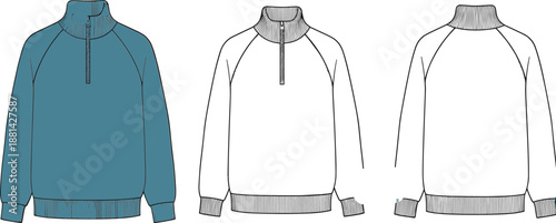 Front and back technical sketch of pullover with high collar, half-zip front, raglan sleeves, and ribbed cuffs and hem