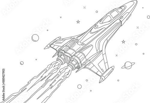 Detailed black and white line art coloring page featuring a futuristic spaceship blasting through space