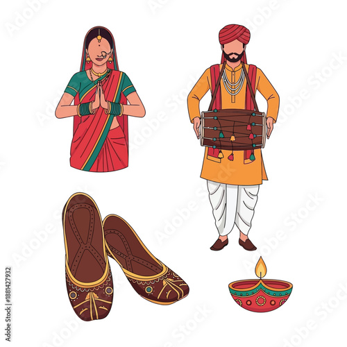 Traditional Indian cultural elements featuring a woman in sari, a man playing dhol, jutti shoes, and a lit diya lamp.