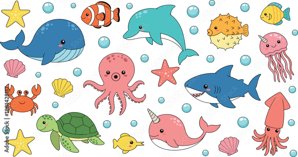 Obraz premium Cute kawaii sea life vector set with whale dolphin shark octopus sea turtle narwhal and colorful tropical fish