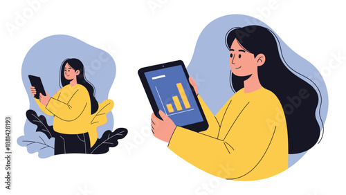 Young woman analyzing growing business statistics on a digital tablet device while standing near soft abstract foliage elements in modern illustration style