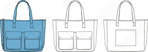 Women tote bag technical sketch, front back view fashion accessory template with pockets, cad drawing flat vector illustration design blueprint
