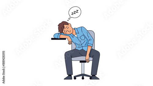 Exhausted office worker falling asleep at a desk with a thought bubble indicating deep slumber during a long and tiring workday