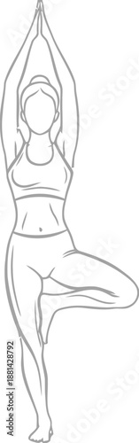 Minimalist line art drawing of a woman performing the vrikshasana tree yoga pose in balance
