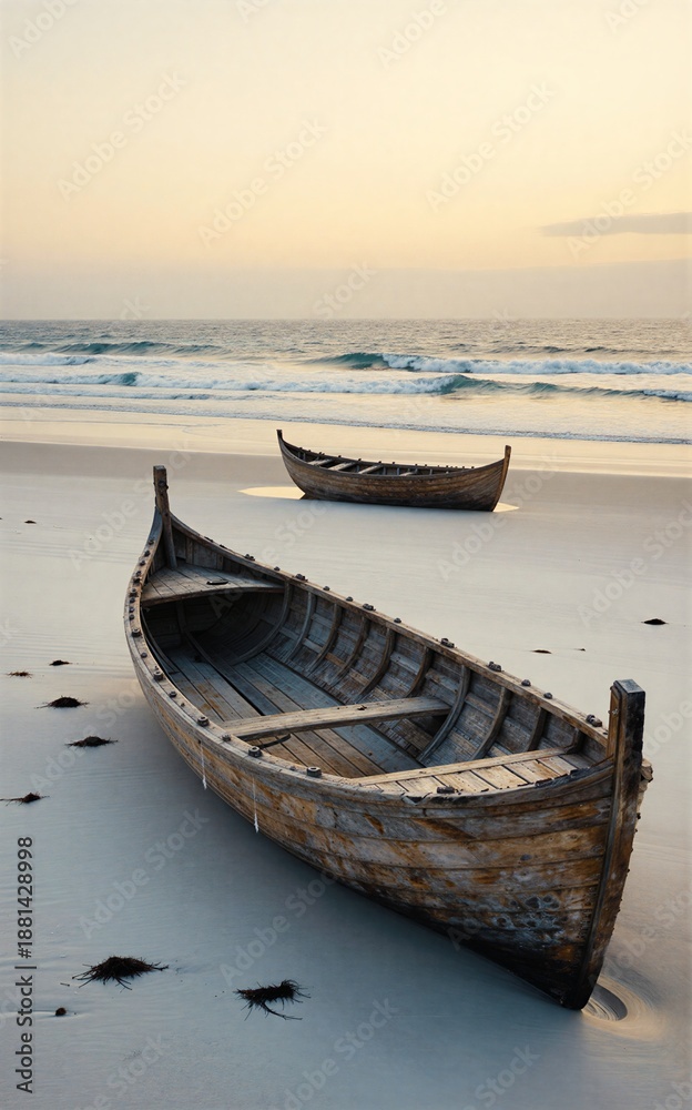 Fototapeta premium Weathered wooden boats rest on sandy shore, waves roll in under soft sunset glow.