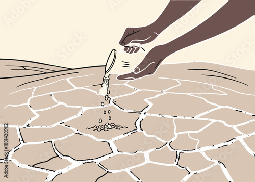 Hand pouring water on cracked earth