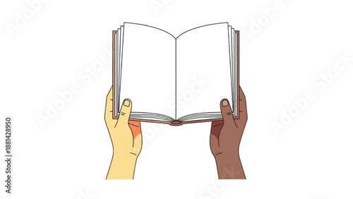 Diverse hands holding an open book with blank pages symbolizing unity and shared knowledge
