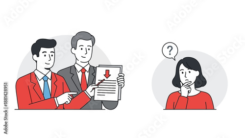 Two businessmen in suits point toward a document with a downward arrow explaining a reduction or loss to a confused woman thinking with a question mark above her head