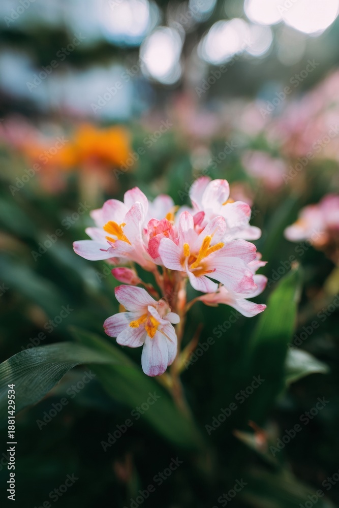 Fototapeta premium Blooming Pink and White Wildflowers in a Natural Garden Setting with Soft Morning Sunlight for Botanical , Horticultural Guides, and Seasonal Floral Backgrounds