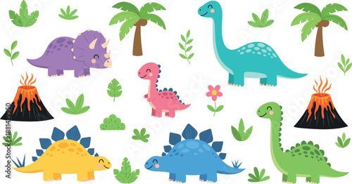 Cute cartoon dinosaur vector set with colorful triceratops brachiosaurus stegosaurus volcanoes and tropical palm trees for kids design projects