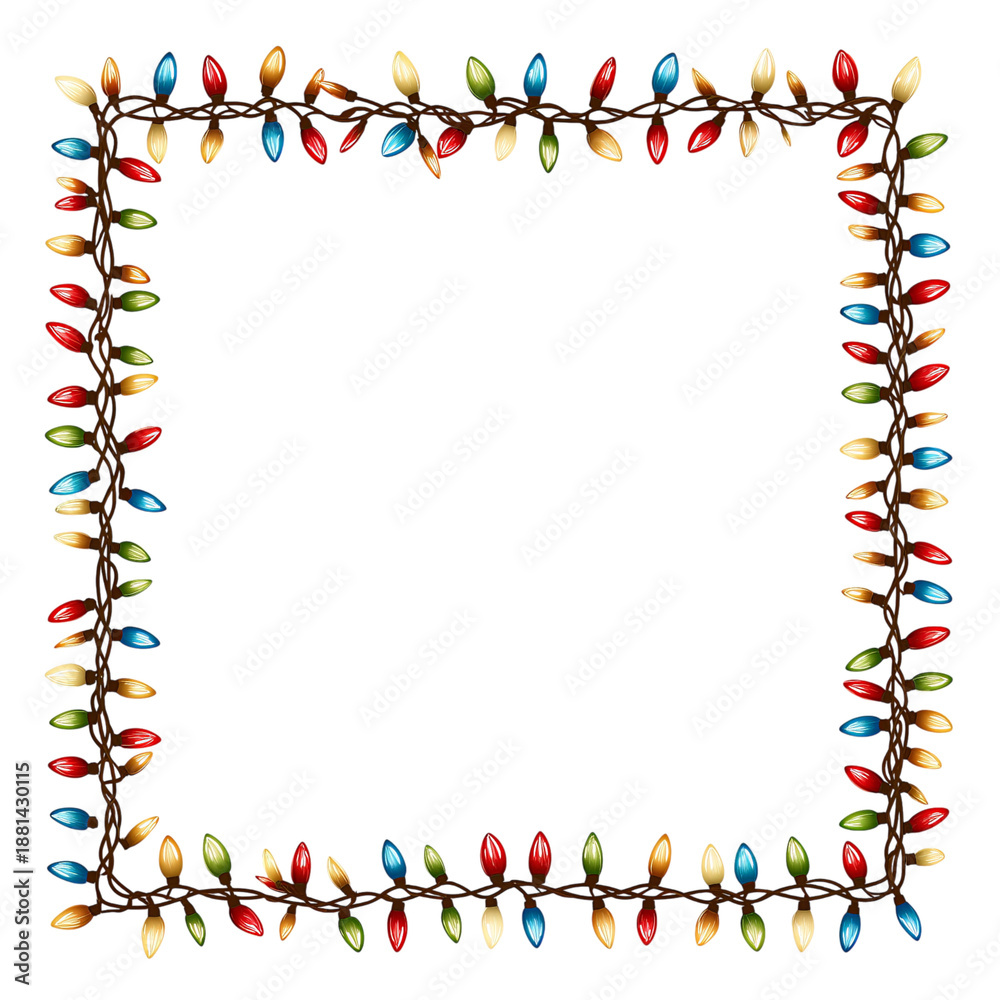 Obraz premium Colorful Christmas Lights forming a Square Frame with a Dark Center isolated on a transparent background