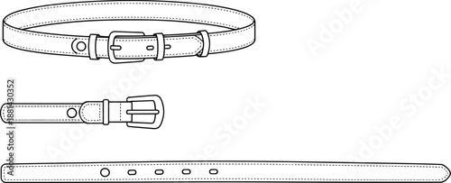 Leather belt CAD drawing showing buckle, strap and hole details in multiple views, fashion accessory technical illustration for apparel production, cad drawing flat vector illustration