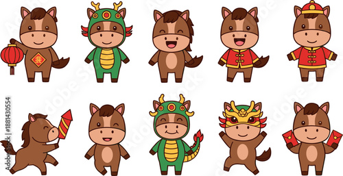 Cute cartoon horse character set with Chinese lunar new year costumes dragon dance lantern and red envelopes vector