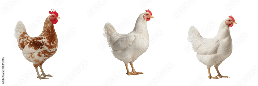 Fototapeta premium Set of domestic hens (Gallus gallus domesticus) in white and brown plumage, isolated on white background.