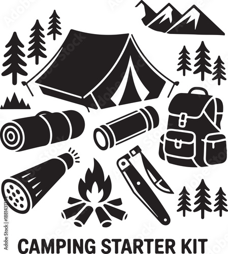 Camping icons, outdoor adventure, tent shelter, sleeping bag, hiking backpack, survival knife, campfire flame, nature travel