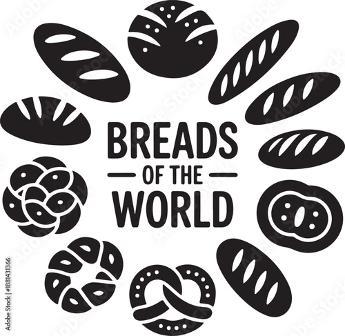 Bread icons, bakery food, wheat loaf, french baguette, german pretzel, fresh bun, pastry dough, carbohydrate meal