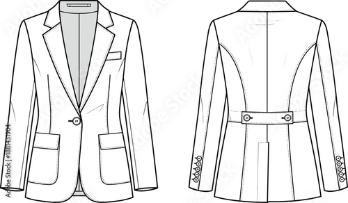 Tailored womens blazer CAD drawing flat vector illustration with front and back views technical fashion apparel design template