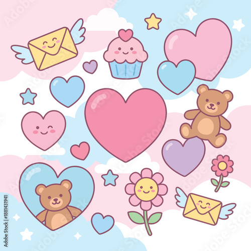 Kawaii Cute Valentine's Day Icons with Hearts, Teddy Bears, Cupcakes, and Envelopes